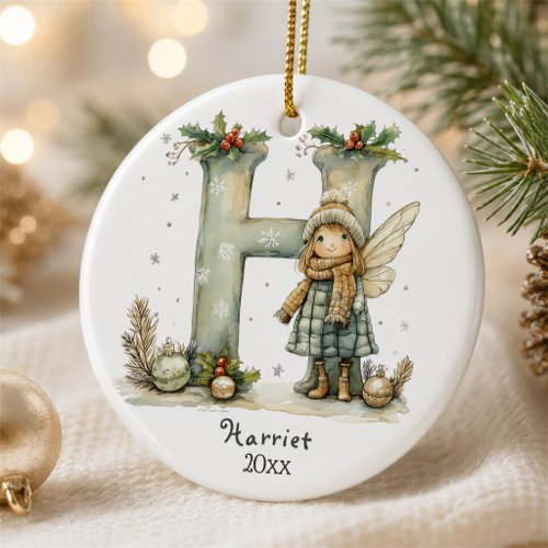 Cozy Fairy Christmas Initial Personalized Holiday  Ceramic Ornament