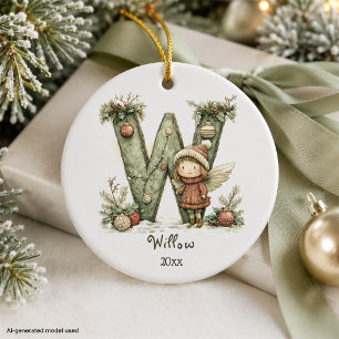 Cozy Fairy Christmas Initial Personalized Holiday  Ceramic Ornament