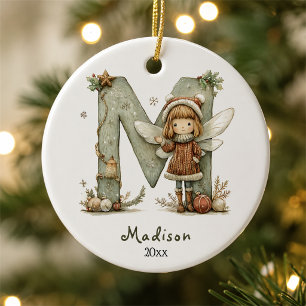 Cozy Fairy Christmas Initial Personalized Holiday Ceramic Ornament
