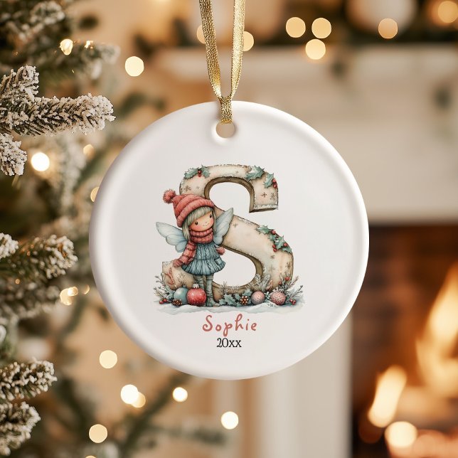 Cozy Fairy Christmas Initial Personalized Holiday  Ceramic Ornament (Creator Uploaded)