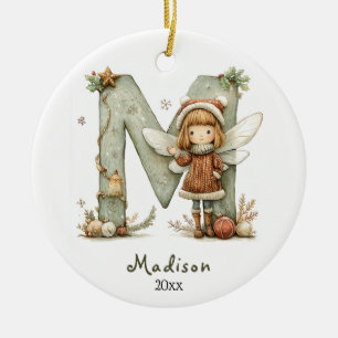 Cozy Fairy Christmas Initial Personalized Holiday Ceramic Ornament