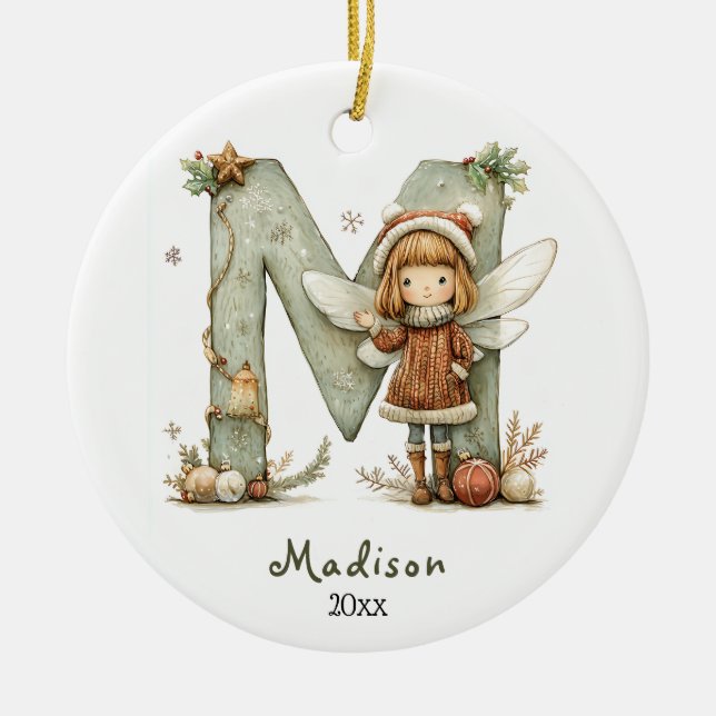 Cozy Fairy Christmas Initial Personalized Holiday Ceramic Ornament (Front)