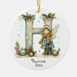 Cozy Fairy Christmas Initial Personalized Holiday Ceramic Ornament