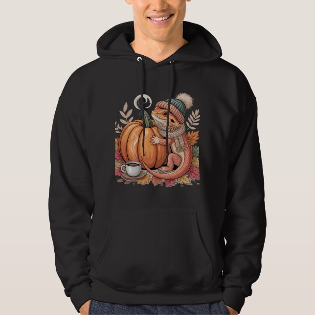 Cozy Fall Bearded Dragon with Coffee Art Hoodie (Front)