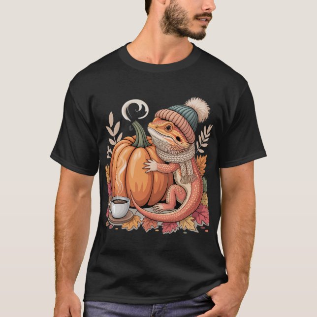 Cozy Fall Bearded Dragon with Coffee Art T-Shirt (Front)