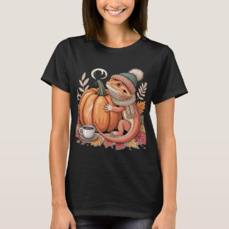 Cozy Fall Bearded Dragon with Coffee Art T-Shirt