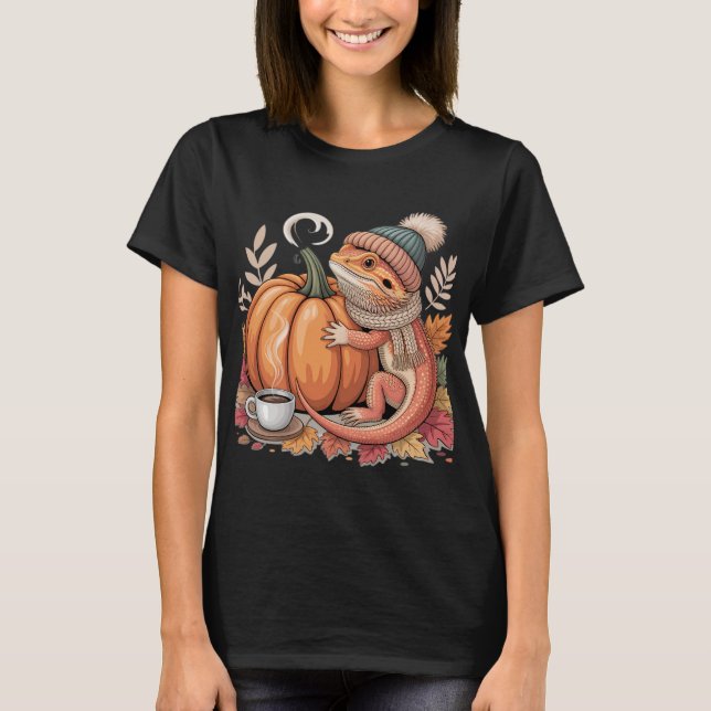 Cozy Fall Bearded Dragon with Coffee Art T-Shirt (Front)