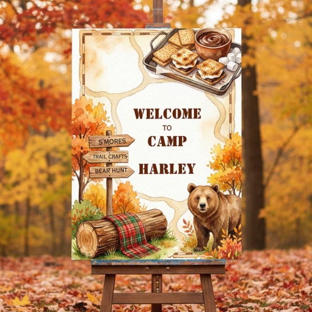 Cozy Fall Camping Bear Smores Birthday Welcome Foam Board (Fall Camping theme welcome board by Darling & May)