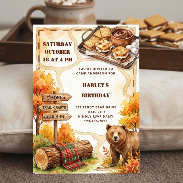 Cozy Fall Camping Birthday Camp Smores Bear Invitation (Camping theme birthday invitation by Darling & May)