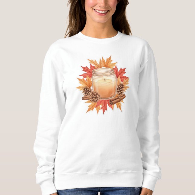 Cozy Fall Candle with Maple Leaves | Autumn Design Sweatshirt (Front)