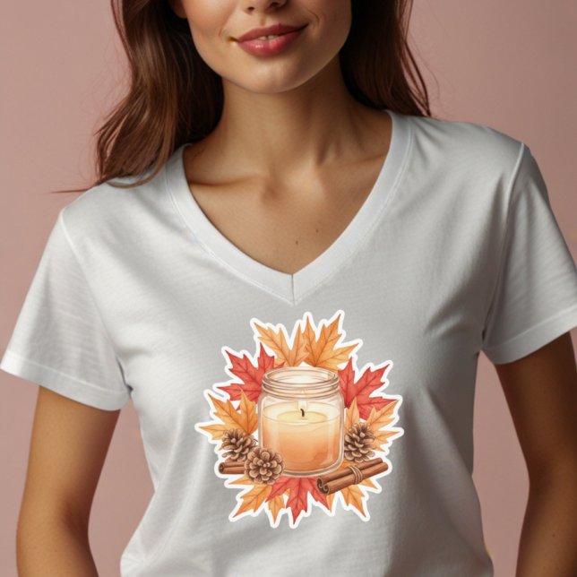 Cozy Fall Candle with Maple Leaves | Autumn Design T-Shirt (Creator Uploaded)