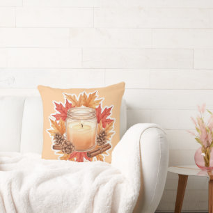 Cozy Fall Candle with Maple Leaves Autumn Design Throw Pillow