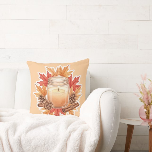 Cozy Fall Candle with Maple Leaves | Autumn Design Throw Pillow (Couch)