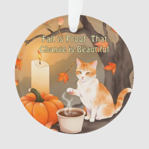 Cozy Fall Cat with Pumpkin Neutral Color Ornament