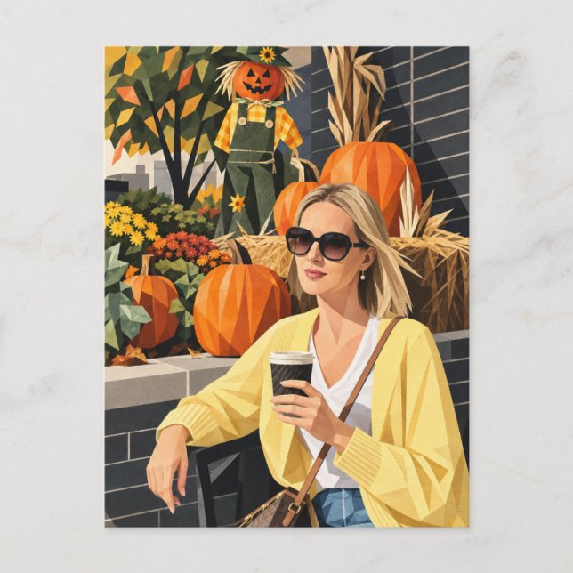 Cozy Fall Coffee & Pumpkins Geometric Art Postcard (Front)