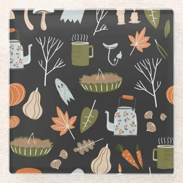 Cozy Fall Elements: Warm Pattern. Glass Coaster (Front)