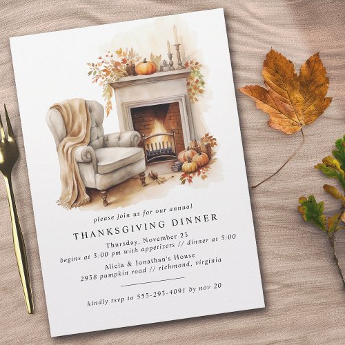 Cozy Fall Fireplace  Cute Modern Thanksgiving Invitation