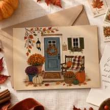 Cozy Fall Front Porch Pumpkin Wreath Illustration