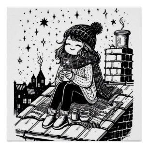 Cozy Fall Girl On Roof Black & White Coloring Page Poster