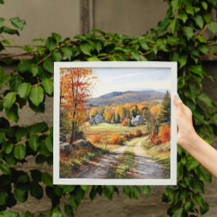 Cozy Fall In Vermont Farm Watercolor Art Poster