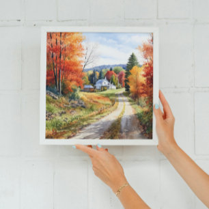 Cozy Fall In Vermont Village Watercolor Art Poster