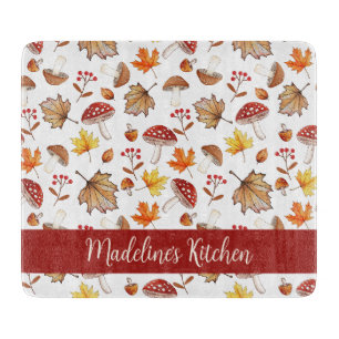Cozy Fall Leaves and Mushrooms Personalized Cutting Board
