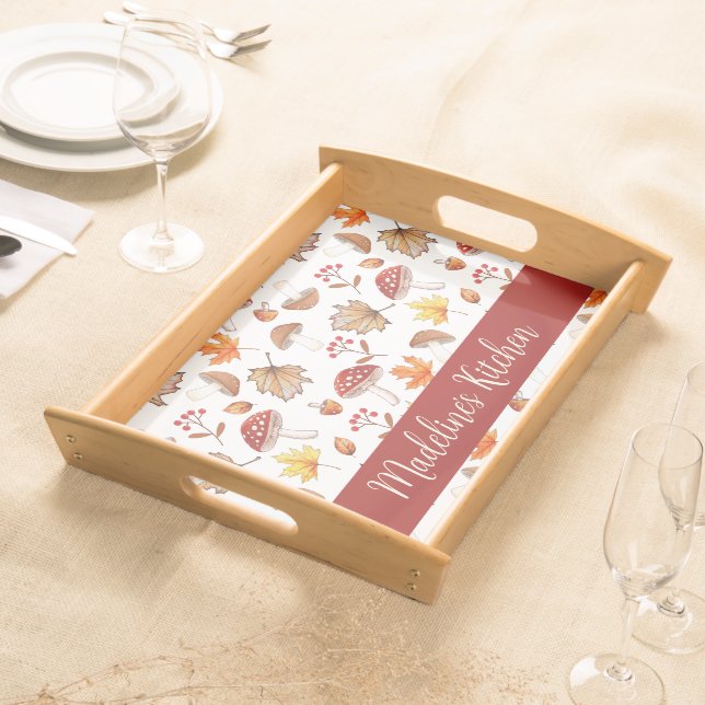 Cozy Fall Leaves and Mushrooms Personalized Serving Tray (Front)