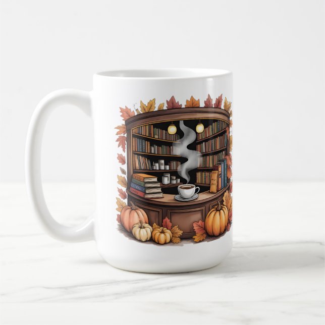 Cozy Fall Library Coffee Mug — Book Nook  (Left)