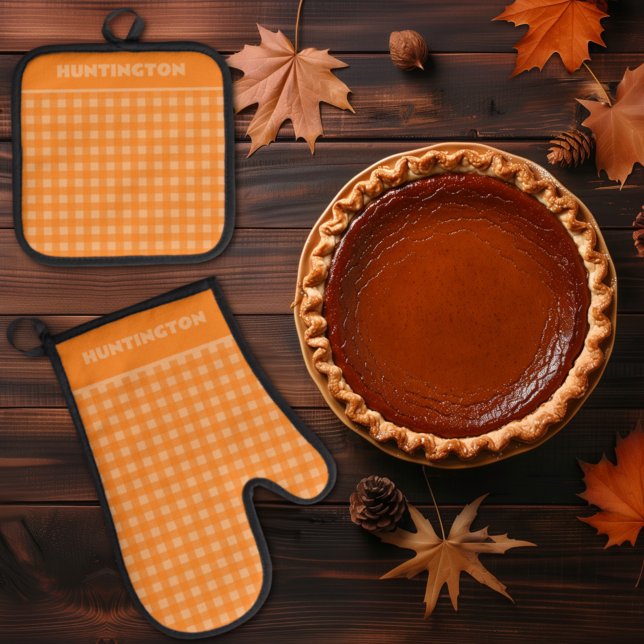 Cozy Fall Orange Buffalo Plaid Gingham Check Oven Mitt & Pot Holder Set (Creator Uploaded)