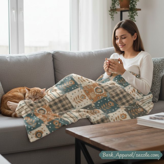 Cozy Fall Patchwork | Rustic Floral & Plaid Design Fleece Blanket (Creator Uploaded)