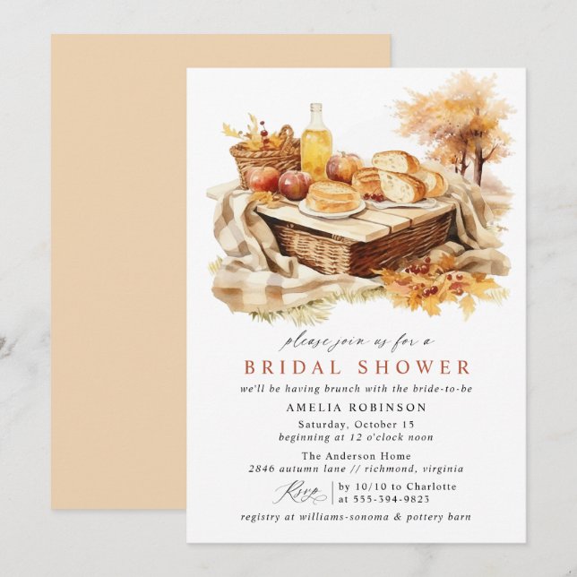 Cozy Fall Picnic Cute Rustic Bridal Shower Brunch Invitation (Front/Back)
