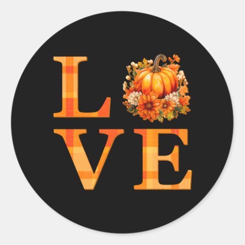 Cozy Fall Pumpkin Burnt Orange Plaid Love Black Classic Round Sticker