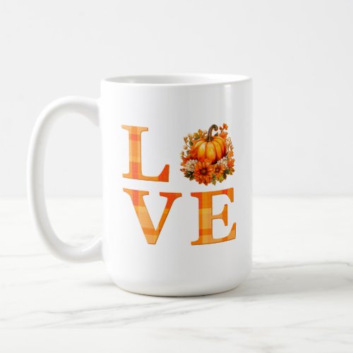 Cozy Fall Pumpkin Burnt Orange Plaid Love Coffee Mug