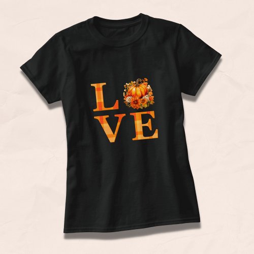 Cozy Fall Pumpkin Burnt Orange Plaid Love T_Shirt