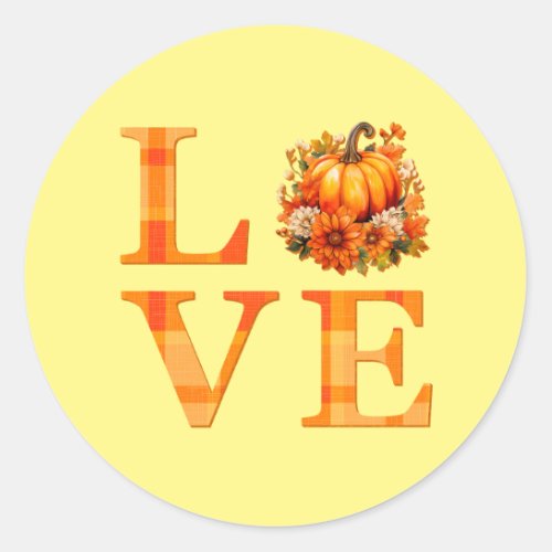 Cozy Fall Pumpkin Burnt Orange Plaid Love Yellow Classic Round Sticker
