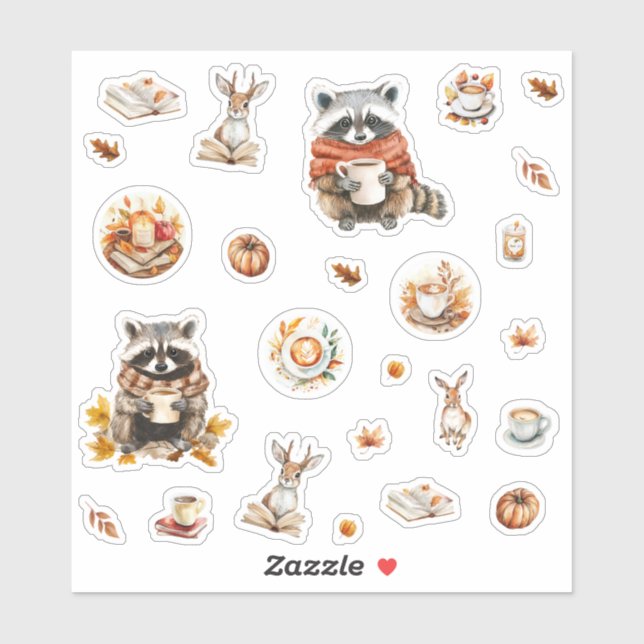 Cozy fall raccoon rabbit and coffee sticker (Sheet)