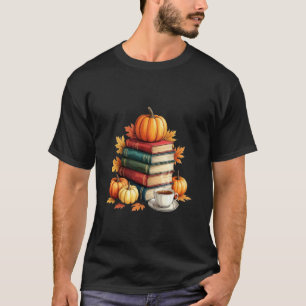 Cozy Fall Reading Books Pumpkin Coffee Design T-Shirt