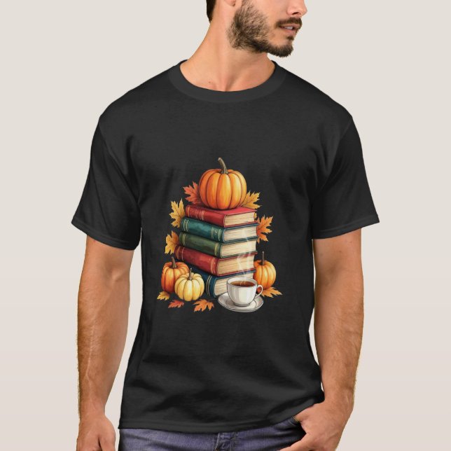 Cozy Fall Reading Books Pumpkin Coffee Design T-Shirt (Front)