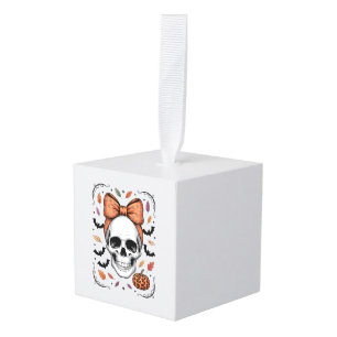 Cozy Fall Skull Coquette Bow, Autumn Cube Ornament
