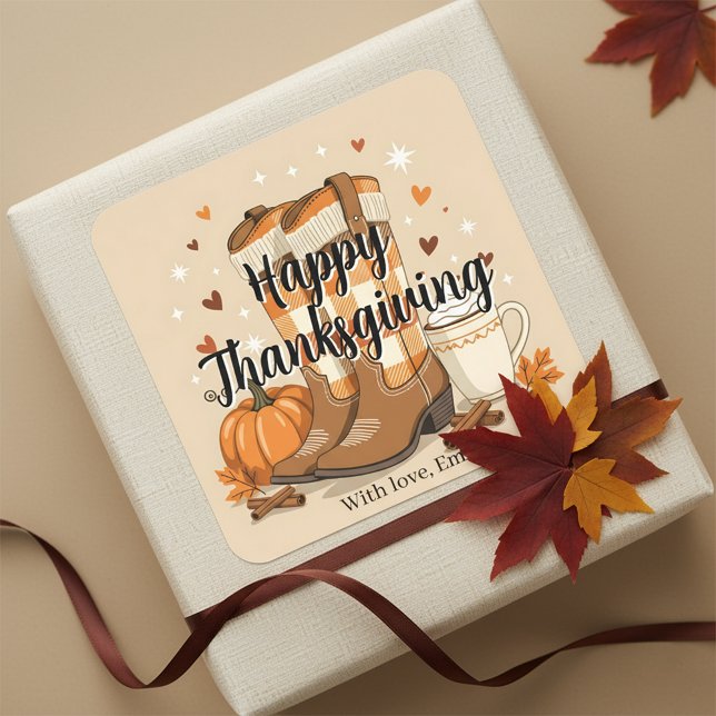 Cozy Fall Thanksgiving Cowboy Boots and Pumpkin Square Sticker (Creator Uploaded)