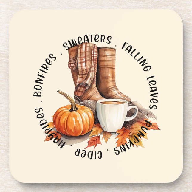 Cozy Fall Vibes – Boots, Pumpkin Spice, Bonfires Beverage Coaster (Front)