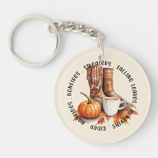 Cozy Fall Vibes – Boots, Pumpkin Spice, Bonfires Keychain (Front)