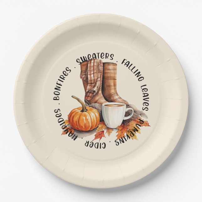 Cozy Fall Vibes – Boots, Pumpkin Spice, Bonfires Paper Plates (Front)