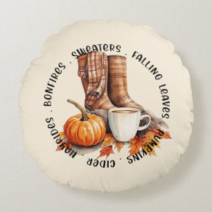Cozy Fall Vibes – Boots, Pumpkin Spice, Bonfires Round Pillow