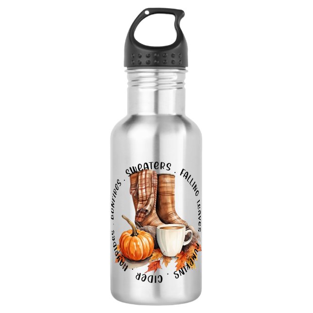 Cozy Fall Vibes – Boots, Pumpkin Spice, Bonfires Stainless Steel Water Bottle (Front)