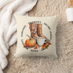 Cozy Fall Vibes – Boots, Pumpkin Spice, Bonfires Throw Pillow