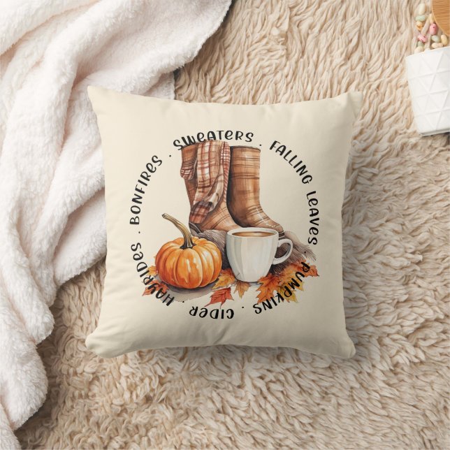 Cozy Fall Vibes – Boots, Pumpkin Spice, Bonfires Throw Pillow (Blanket)