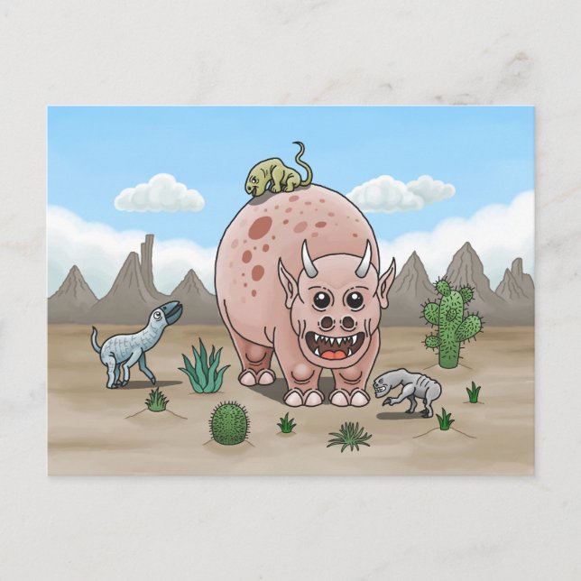 Cozy Fantasy Dinosaurs in the Desert Postcard (Front)