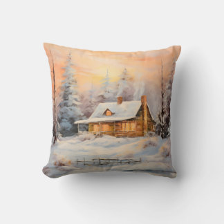 Cozy Farmhouse In a Snowy Landscape Painting Art Throw Pillow