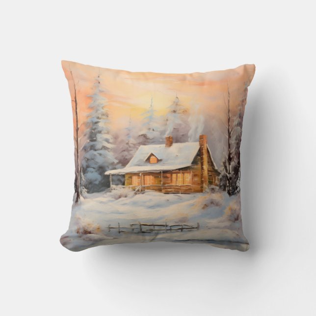 Cozy Farmhouse In a Snowy Landscape Painting Art Throw Pillow (Front)